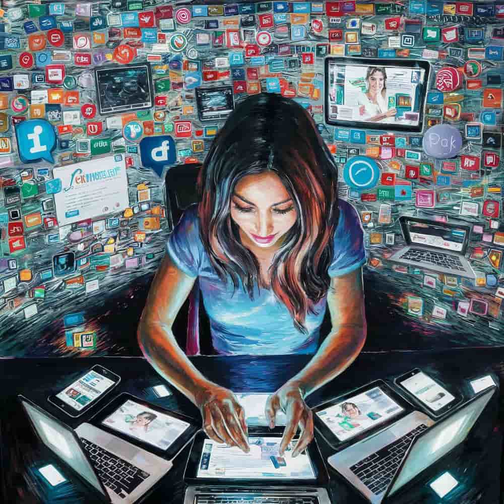 فتاة تعمل على لاب توب وحولها شعارات مواقع تواصل اجتماعي