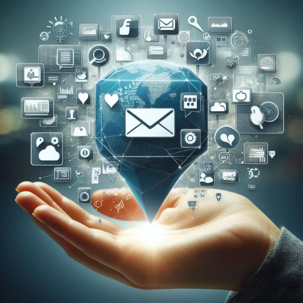 يد تحمل شعار بريد إلكتروني وحولها شعارات أخرى