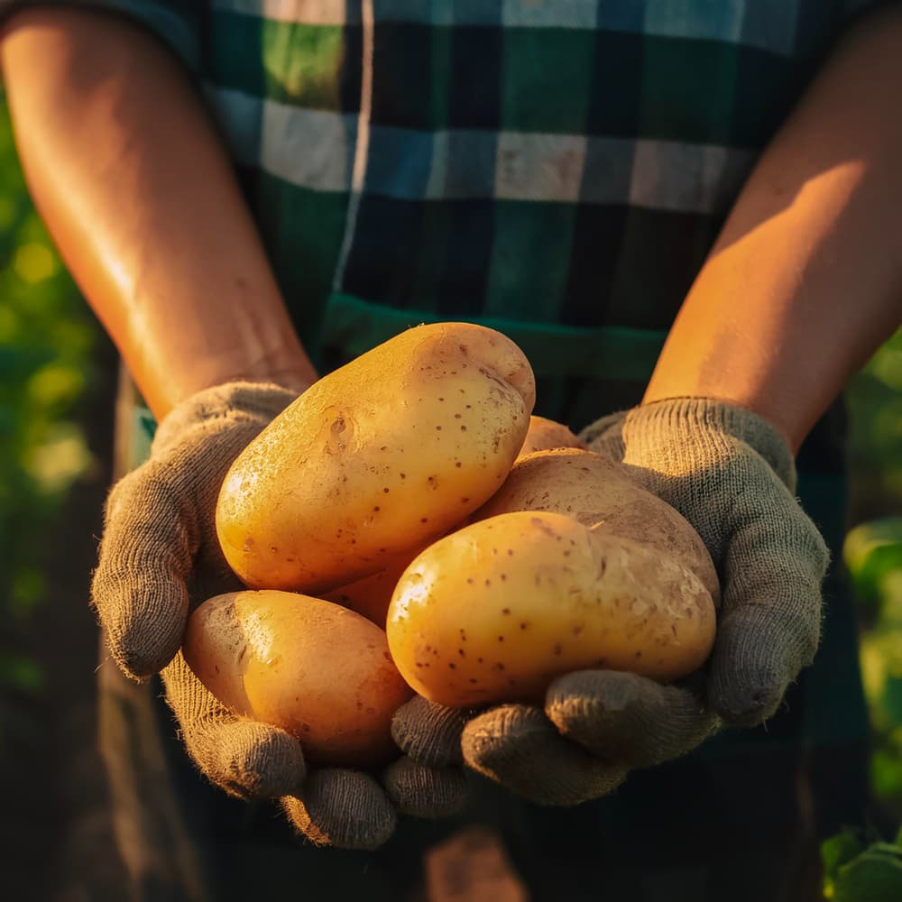رجل يحمل بطاطس في يده