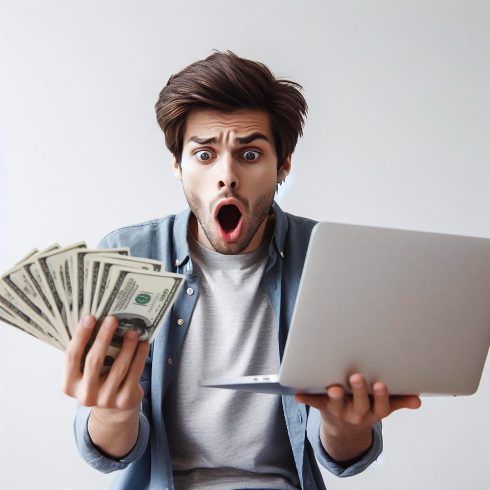 رجل يحمل نقود ولاب توب