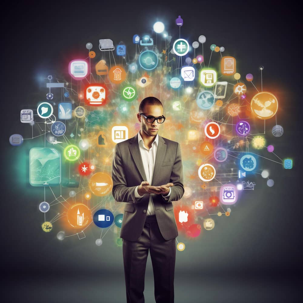 رجل يرتدي بدلة وخلفه شعارات مختلفة