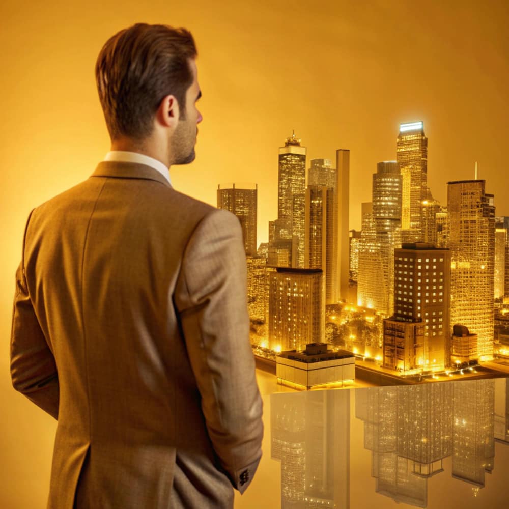 رجل يرتدي بدلة وينظر إلى مباني