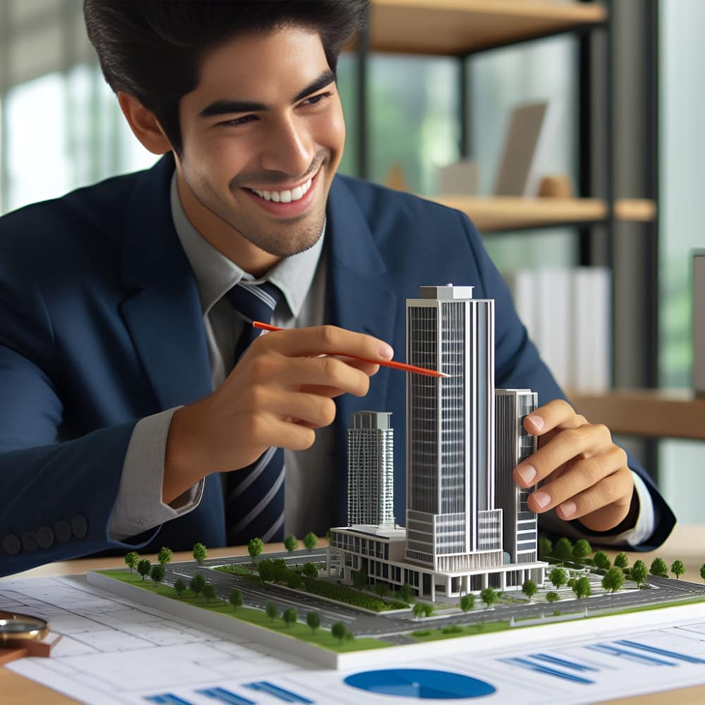 رجل يمسك مجسم مباني