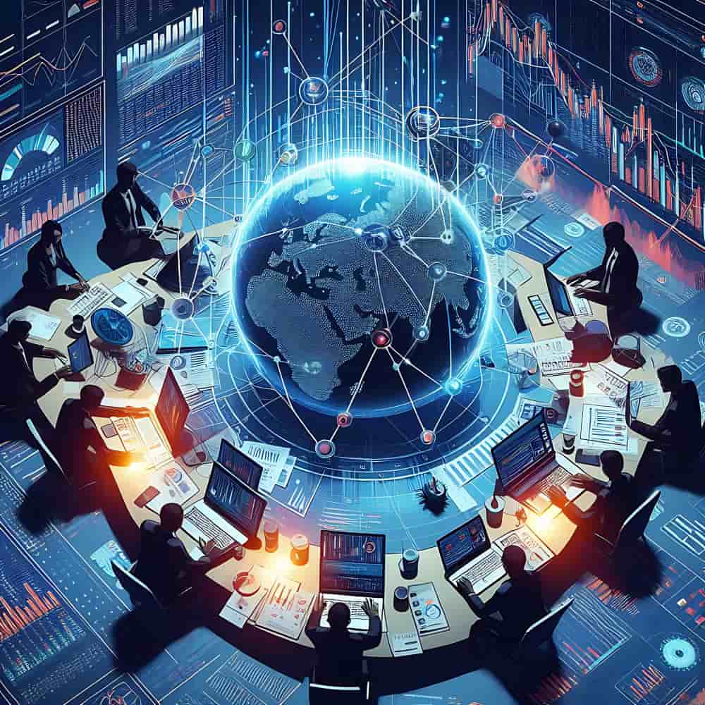 مجموعة رجال مجتمعون حول مجسم للكرة الأرضية ويعملون على اللاب توب