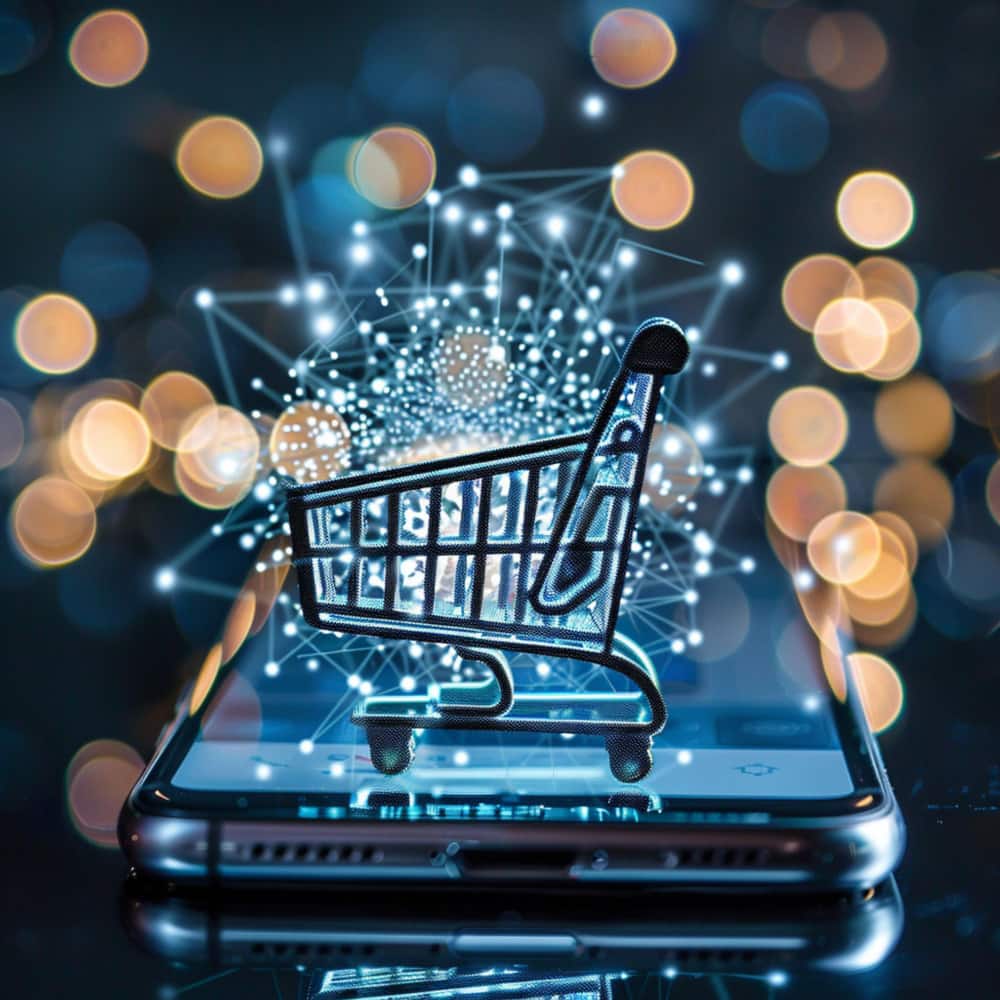 هاتف محمول وعليه عربة تسوق