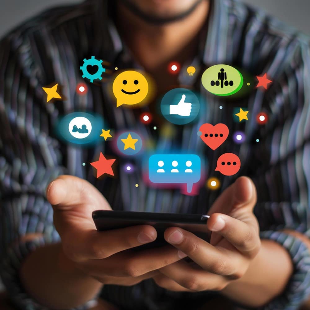 رجل يحمل هاتف محمول يخرج منه رموز وشعارات