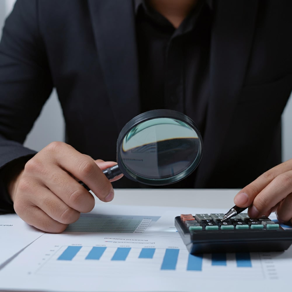 رجل يمسك عدسة مكبرة وآلة حاسبة