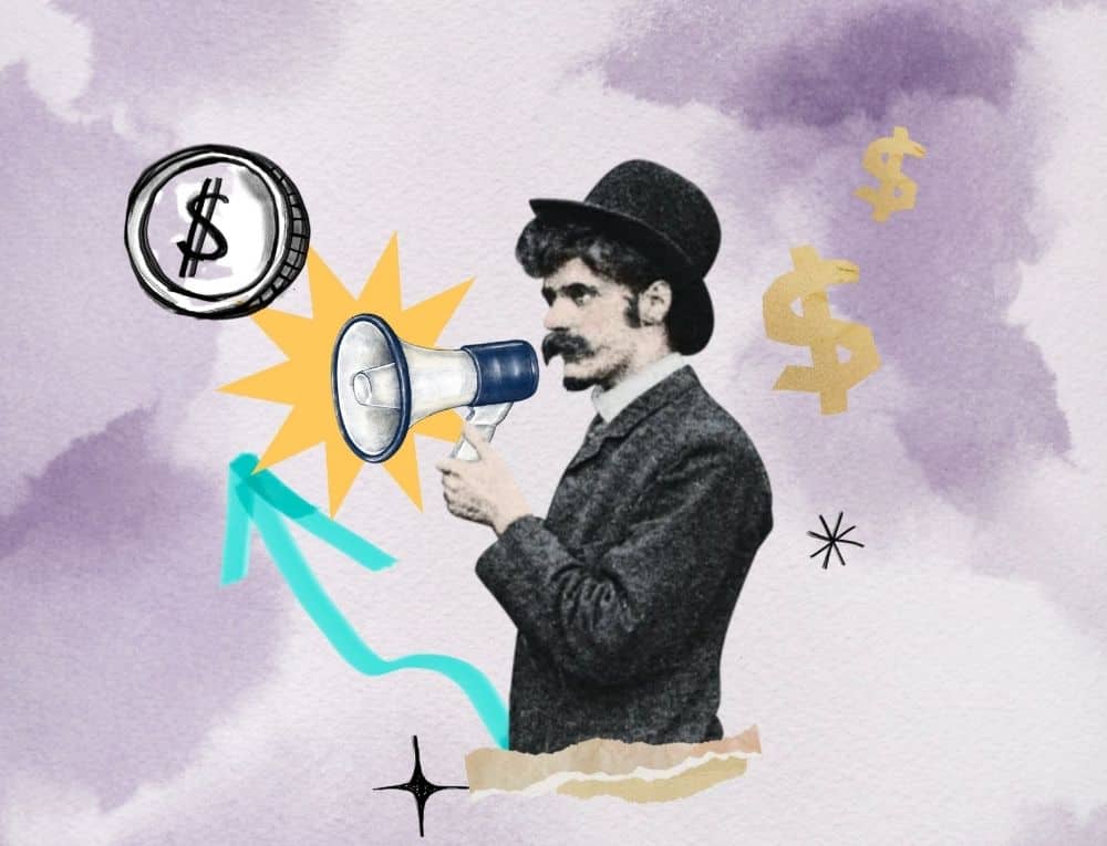 رجل يحمل ميكروفون وحوله علامة دولار