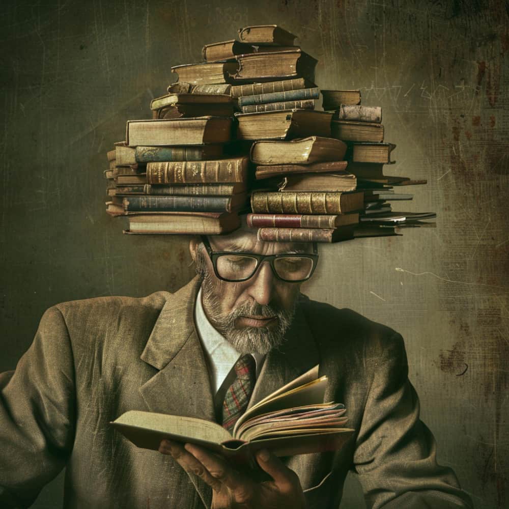 رجل يمسك كتاب ويحمل كتب فوق رأسه