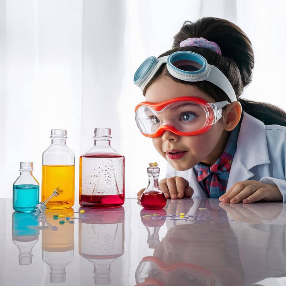 طفلة صغيرة تنظر إلى أنابيب اختبار