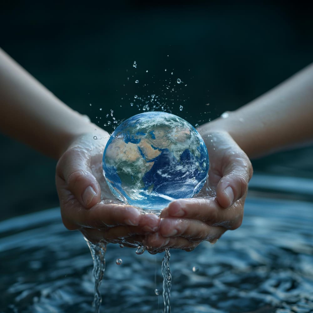 يد تمسك كرة أرضية يتساقط منها الماء