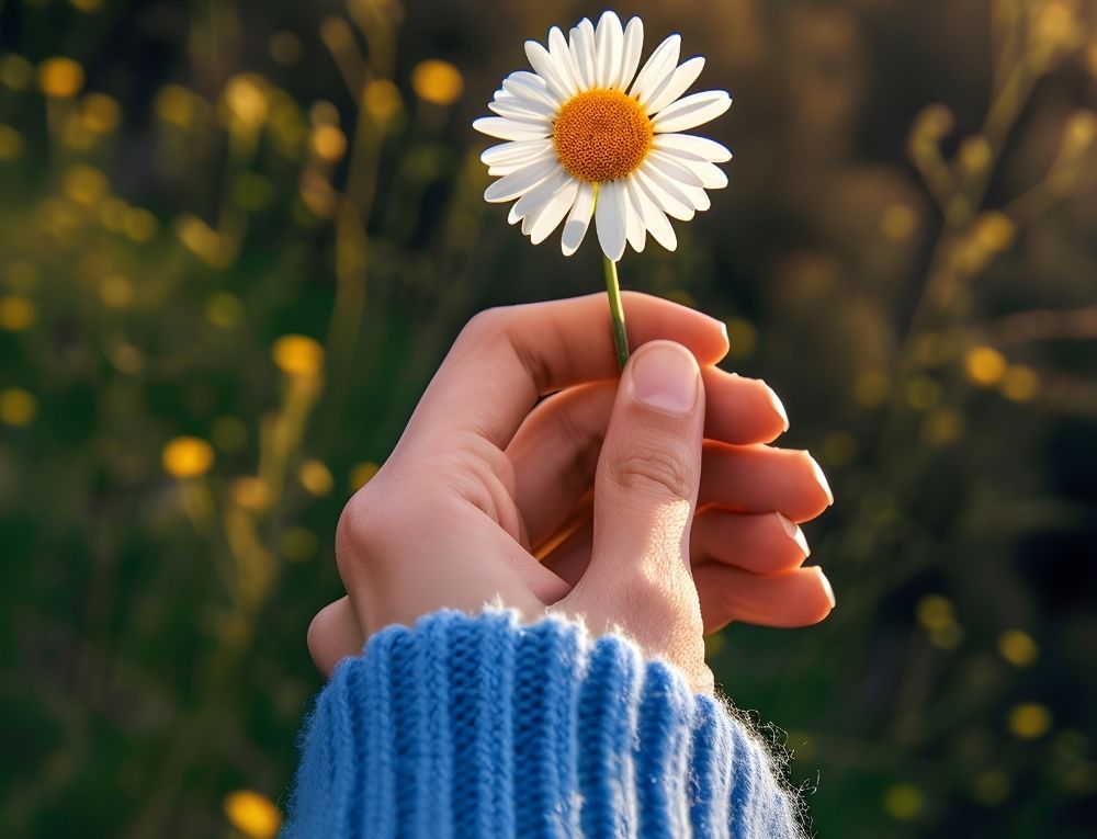 يد فتاة تحمل زهرة بيضاء