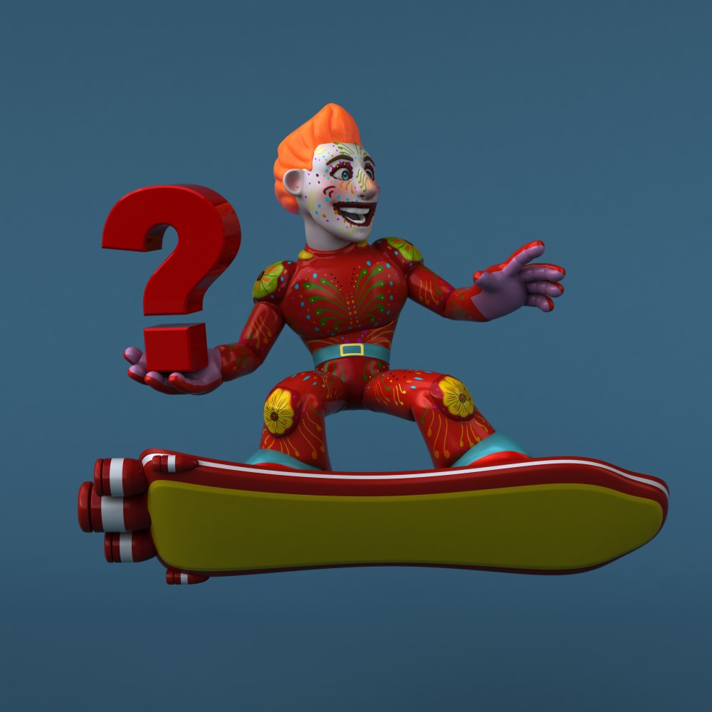 مهرج يتزحلق ويحمل في يده علامة استفهام