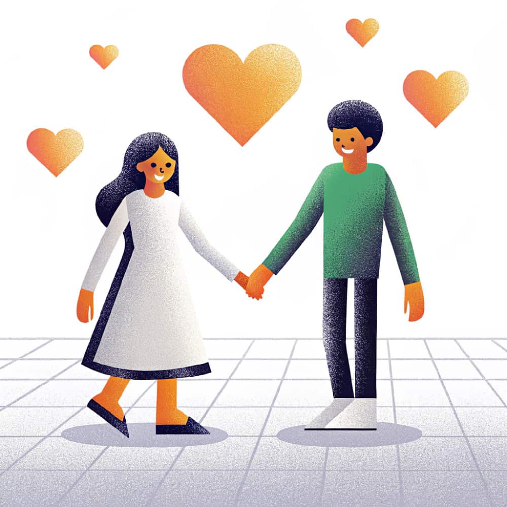 شاب وفتاة يمسكان يد بعضهما وحولهم قلوب