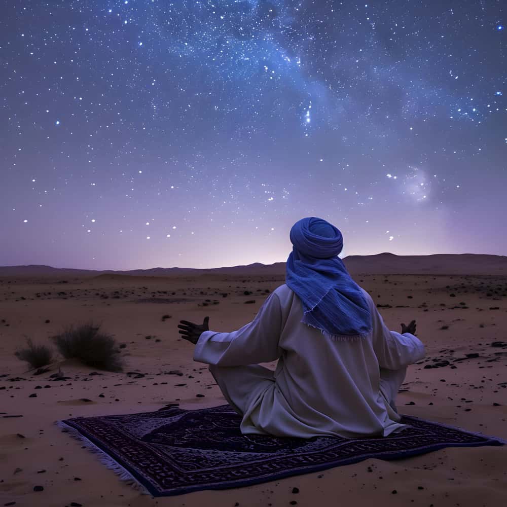 رجل يجلس على سجادة في الصحراء رجل يجلس على سجادة في الصحراء