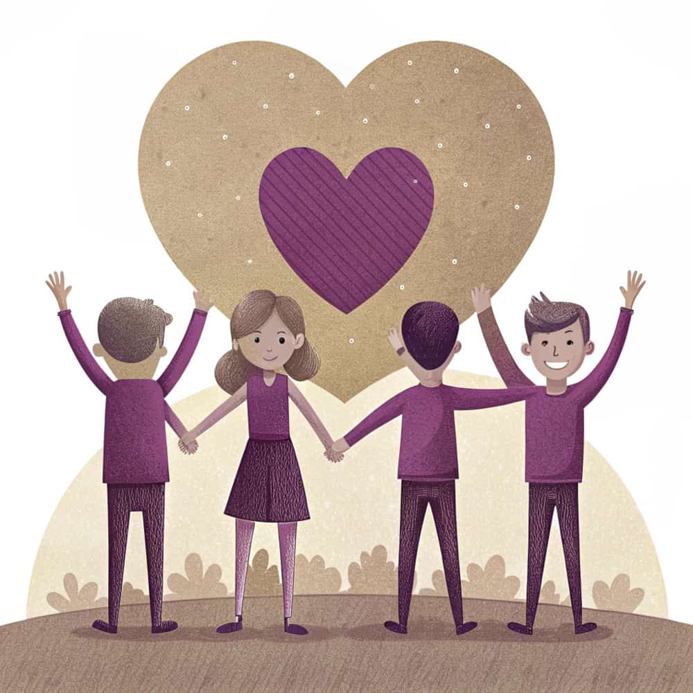 أصدقاء يرفعون أيديهم للأعلى أمام خلفية قلب