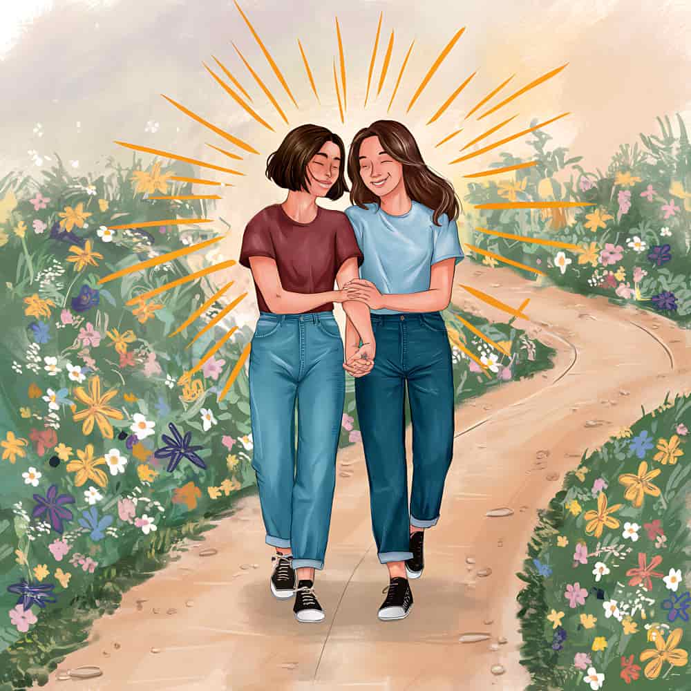 صديقتان يسيران في حديقة