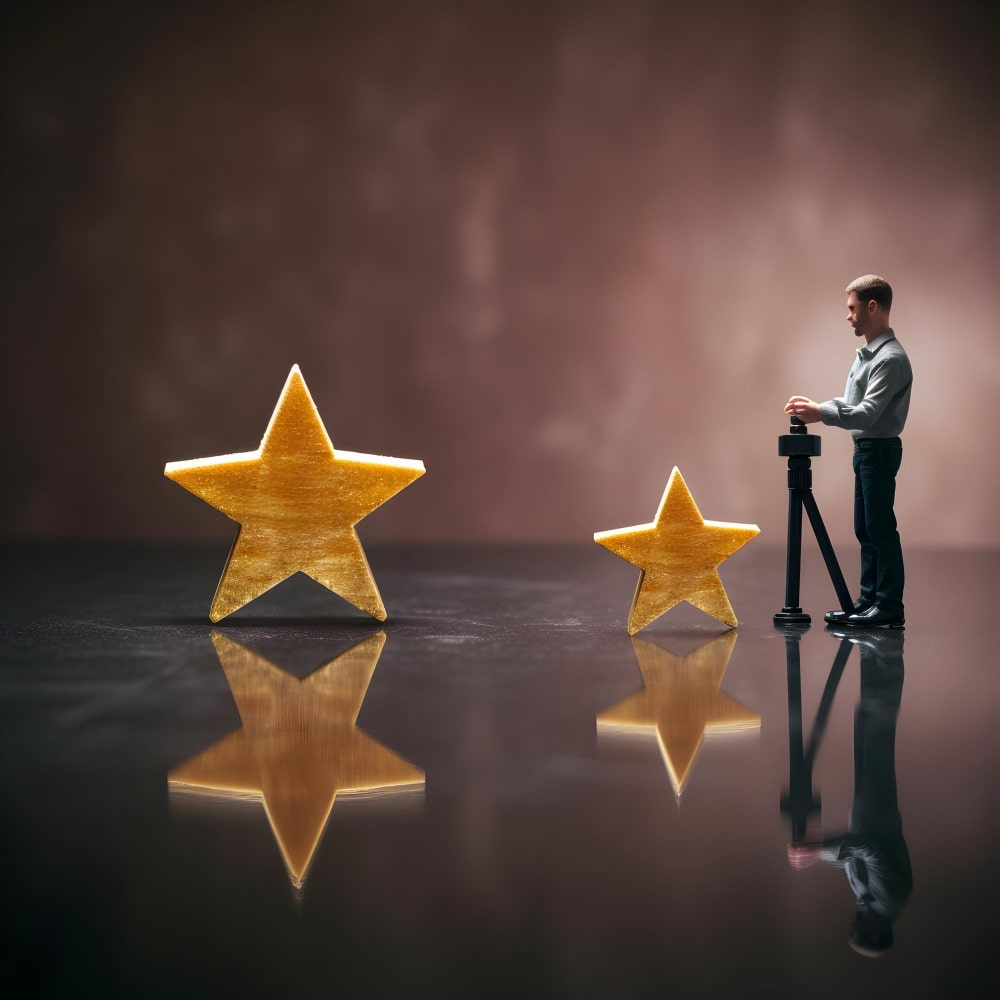 رجل يقف بجانب نجمتين ذهبيتين