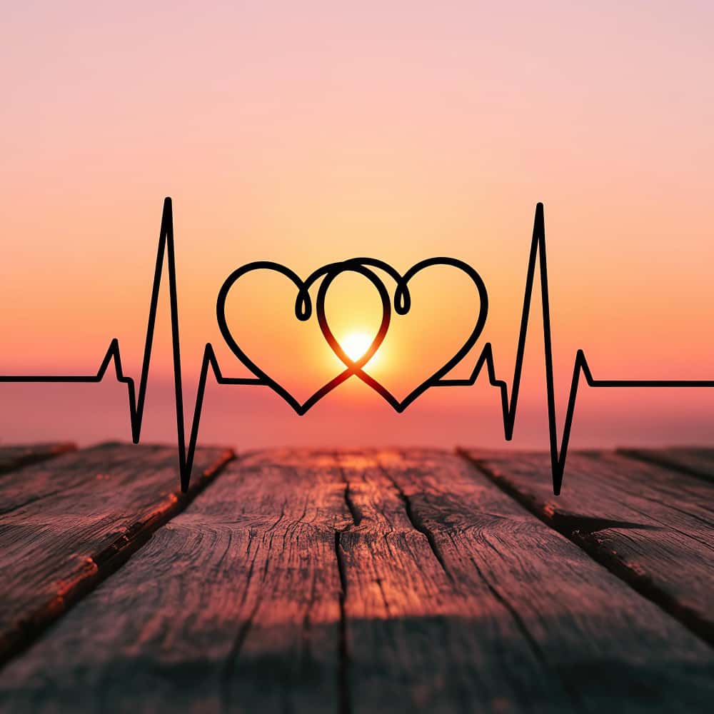 رسم قلبين أمام منظر غروب الشمس رسم قلبين أمام منظر غروب الشمس