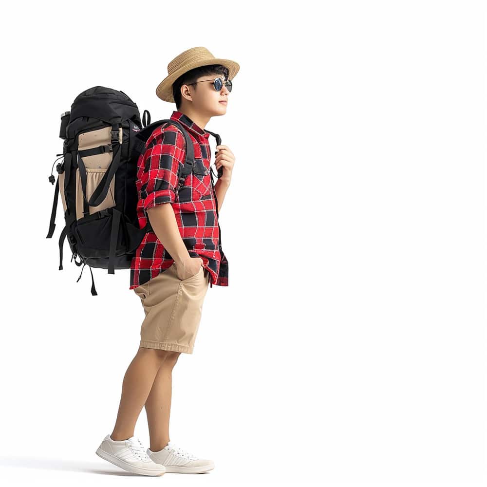 ولد يرتدي قبعة وشنطة سفر