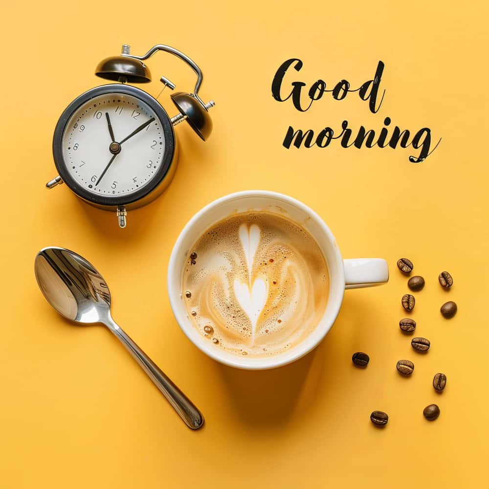 كلمة صباح الخير مع منبه وقهوة
