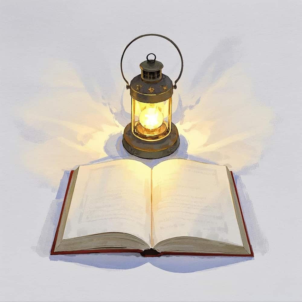 مصباح مضيء بجوار كتاب