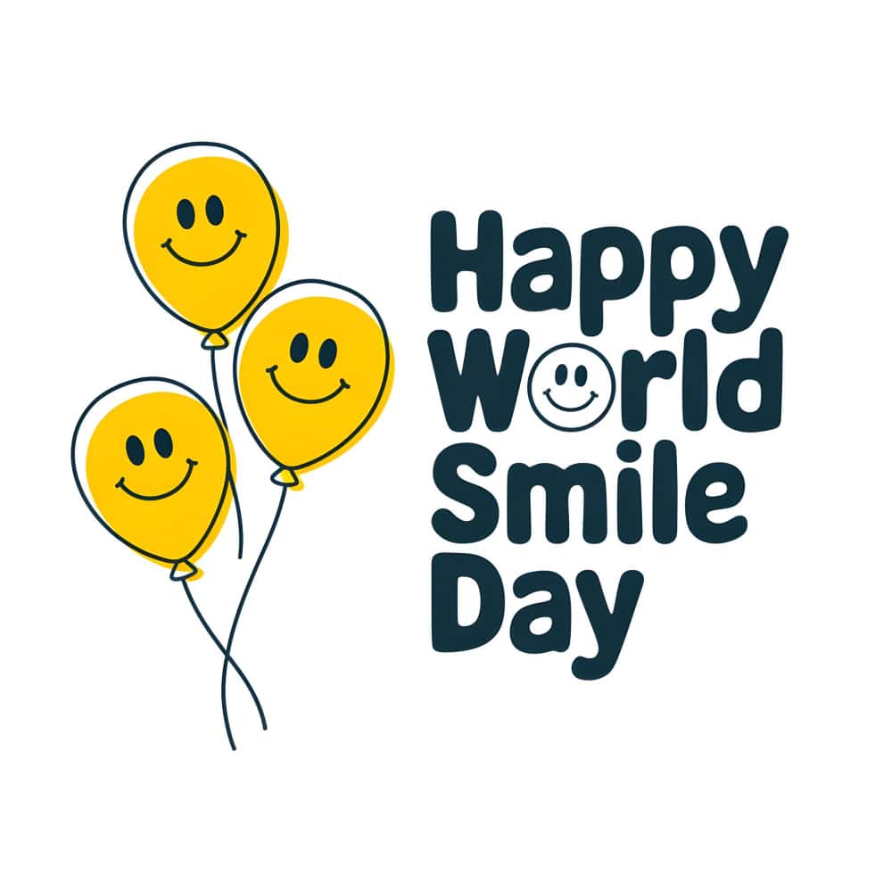 بالونات صفراء بجانب عبارة يوم ابتسامة عالمي سعيد بالونات صفراء بجانب عبارة يوم ابتسامة عالمي سعيد