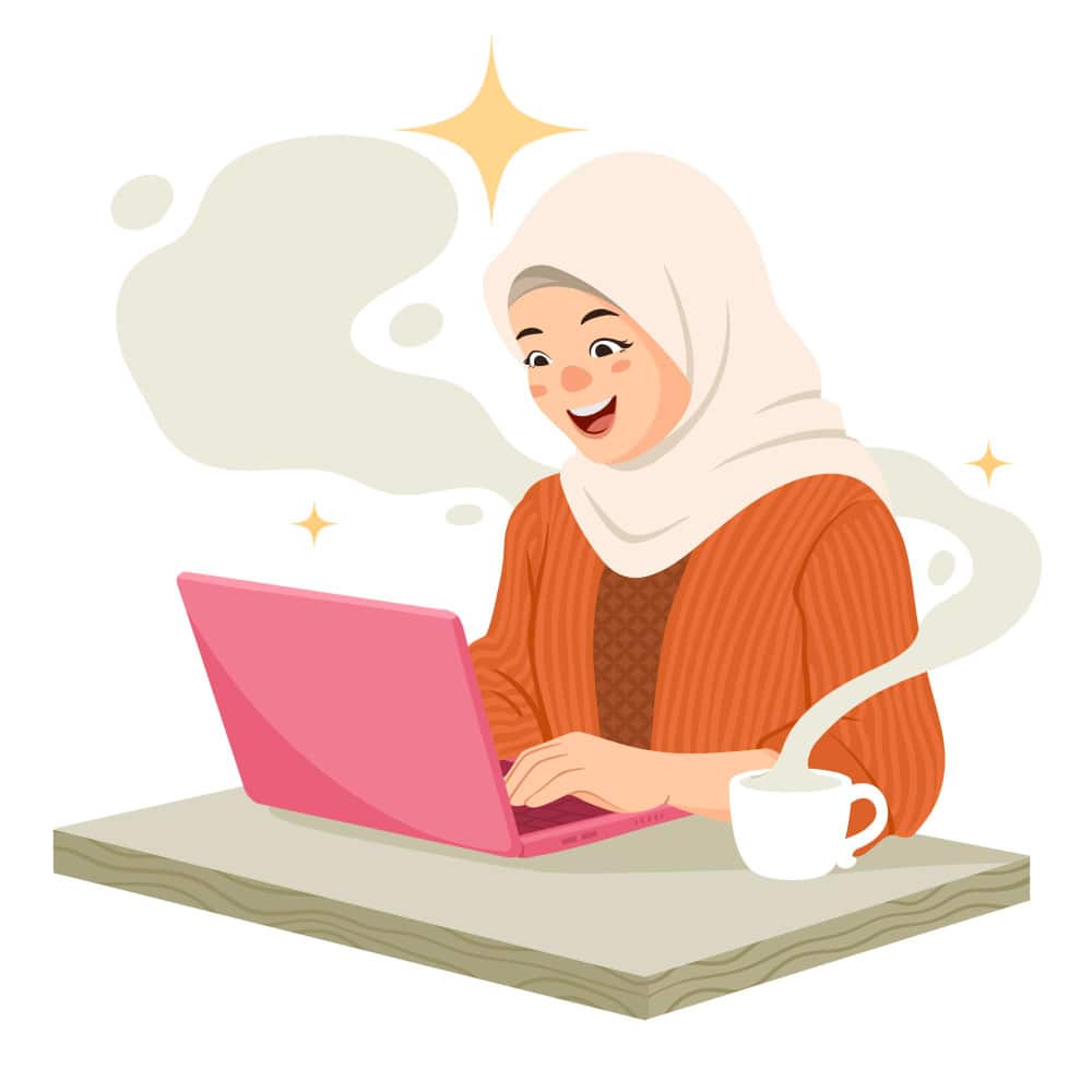 فتاة تكتب على اللاب توب بسعادة