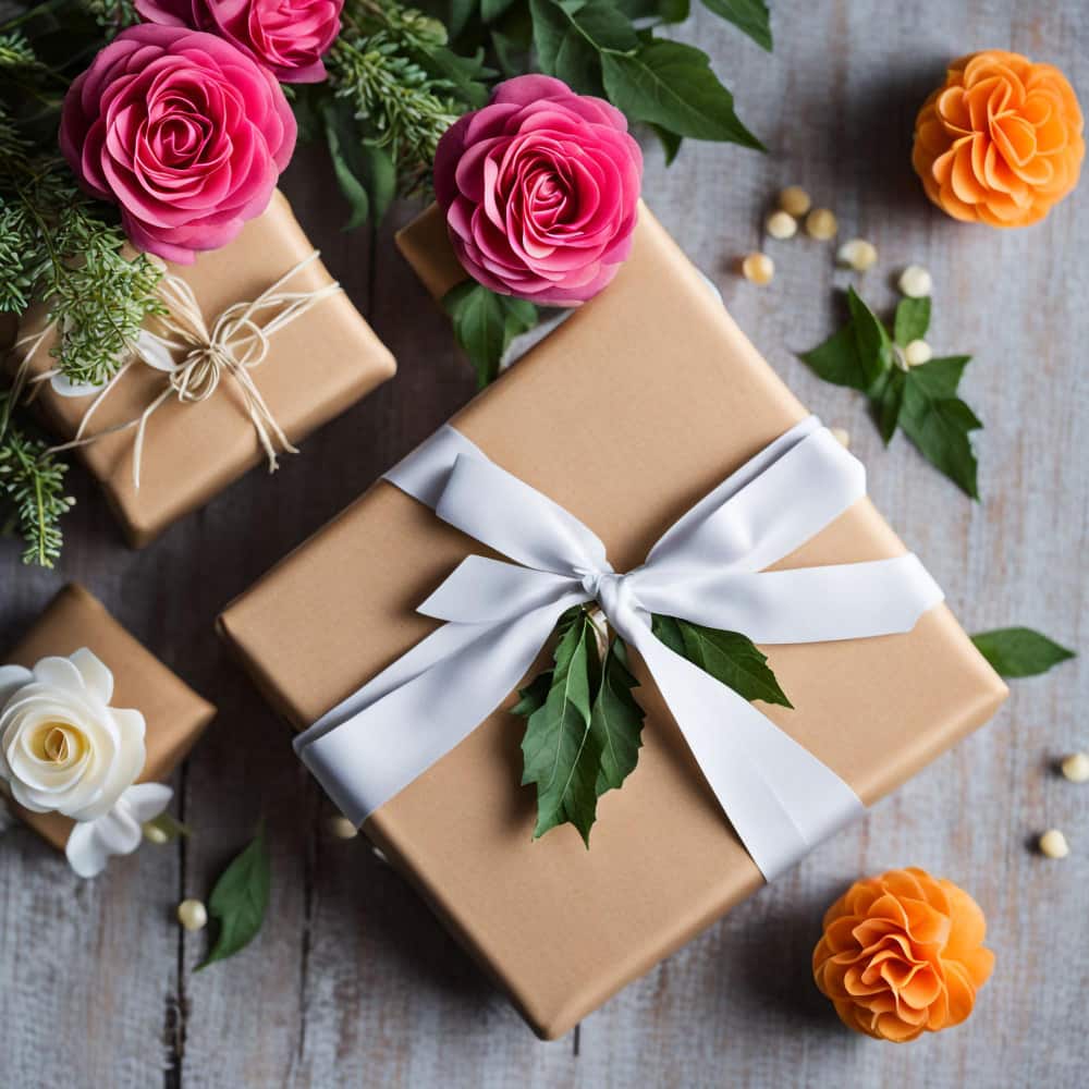 هدية وبجانبها زهور وردية وبرتقالية